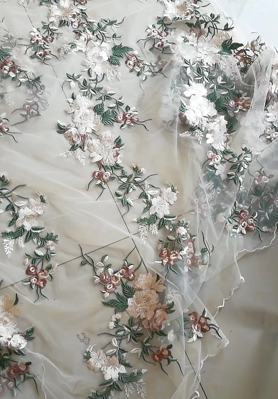 Blomst broderi applikation blonder patch blomster mesh tøj dekoration tilbehør diy 1 yard: Lyserød grøn