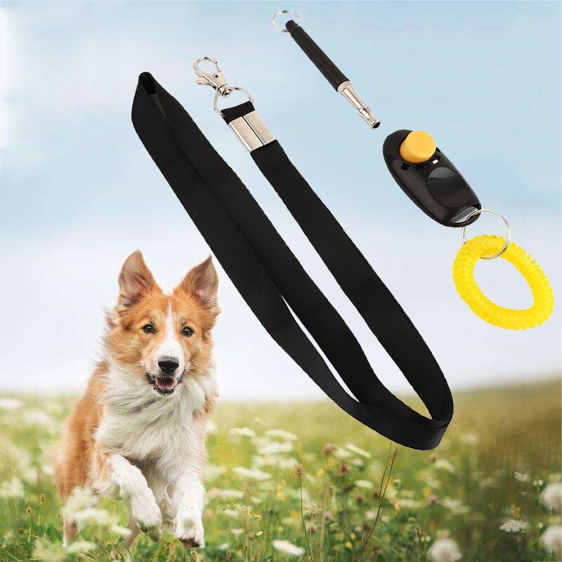 Ultrasound Dog Training Whistle Kit With Rope&Clicker Black+Yellow 48cm