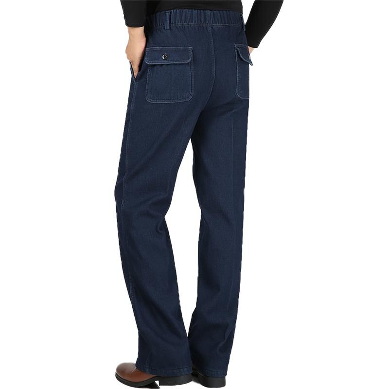 Heren winter worm fleece jeans vader hoge elastische taille fluwelen casual rechte plus size denim broek