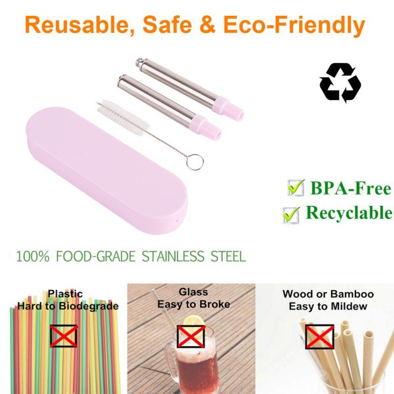 Pajitas plegables reutilizables, pajilla de Metal telescópica de acero inoxidable con caja de almacenamiento portátil
