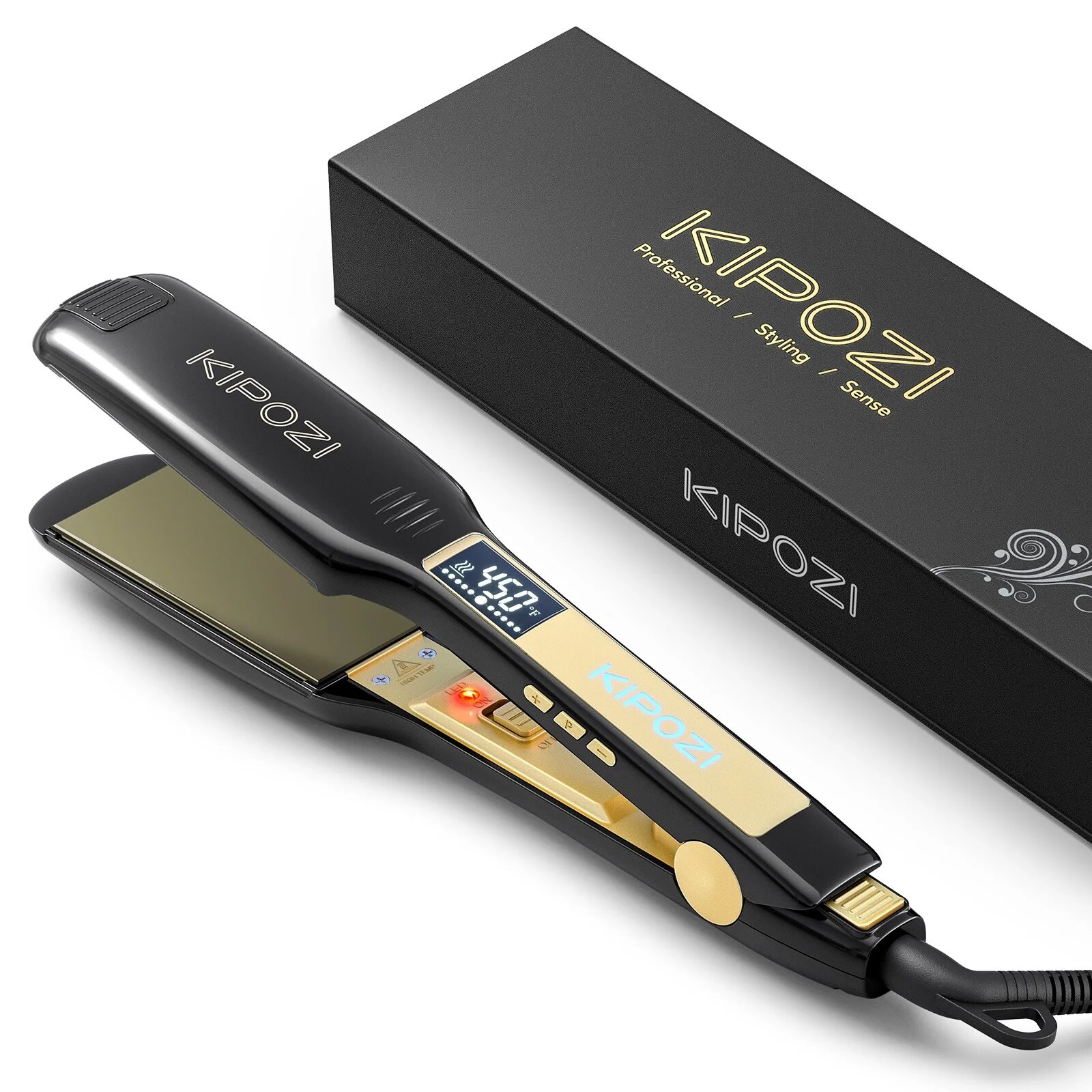 KIPOZI Titanium Flat Iron Hair Straightener with Digital LCD Display Dual Voltage Instant Heating Curling Iron: black / EU