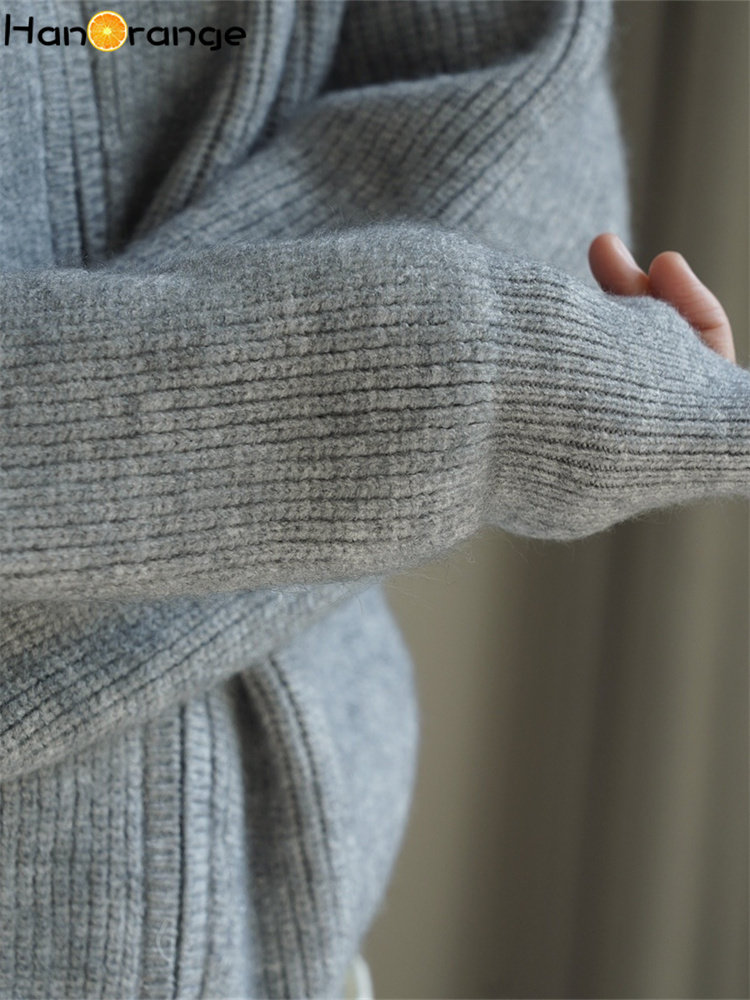 HanOrange 2024 Dolcevita invernale con spalle scoperte Cardigan lavorato a maglia da donna Doppia cerniera maglione allentato femminile bianco/grigio/caffè scuro
