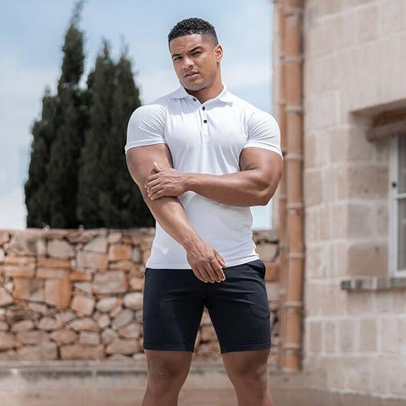 Running T-shirt Men Sports Short Sleeve Polo Shirts Summer Slim Fit Turn Collar Gym Bodybuilding Fitness Polo Shirt plus size