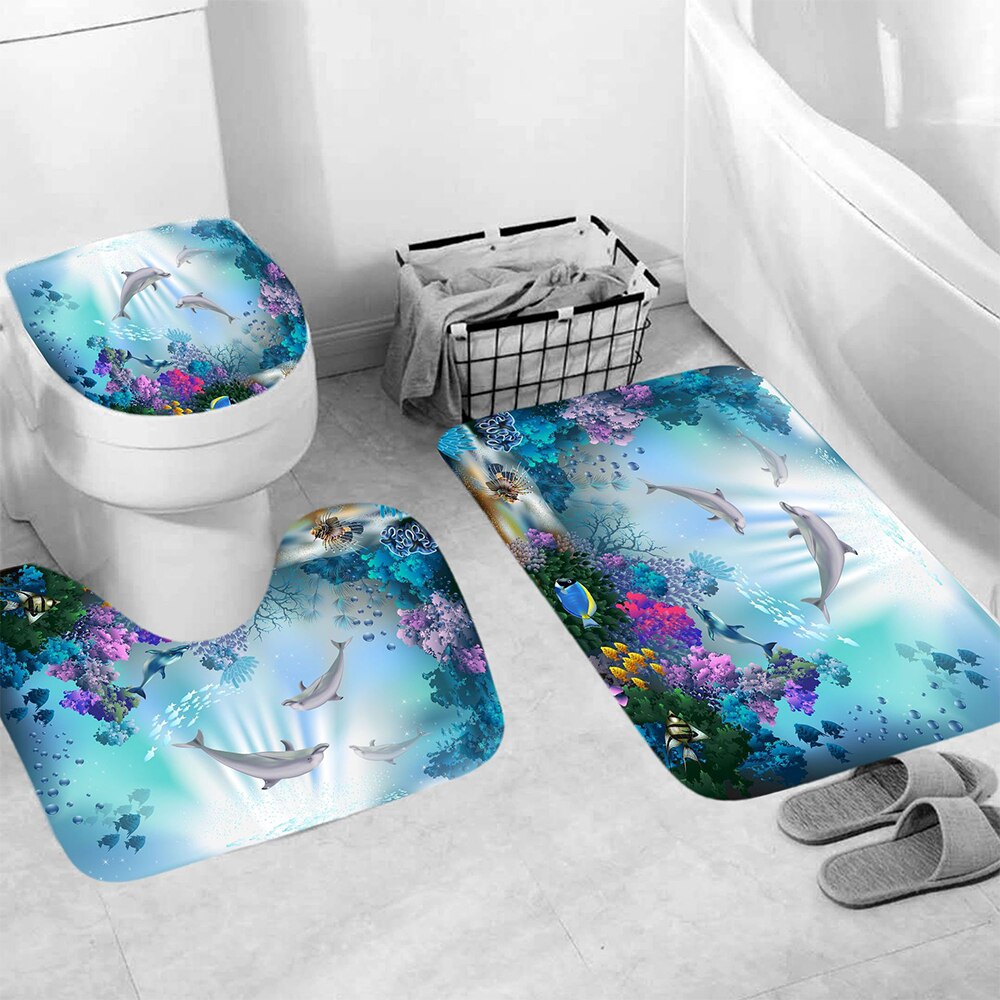 Ocean Dolphin Toilet Seat Waterproof Shower Curtain Set Toilet Cover Non-Slip Comfortable Bathroom Mat Bath Decoration