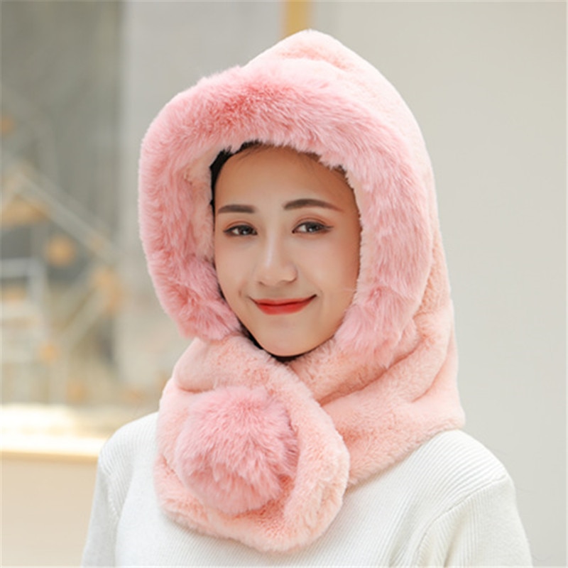 Female Winter Knitted Hats Add Fur Lined Warm Winter Hats For Women Keep Neck Ear Warmer Balaclava Pompoms Cap: Light Pink