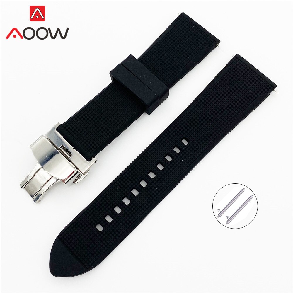 18mm 20mm 22mm Soft Silicone Strap Butterfly Deployment Buckle Quick Release Waterproof Rubber Replace Band Watch Accessories: Black / 18mm