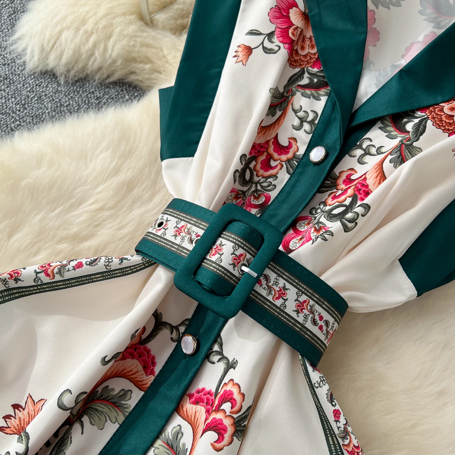 Print Single Breasted Sashes Vintage Notched Collar Sleeveless Slim Long Dresses Evening High Street Clothing