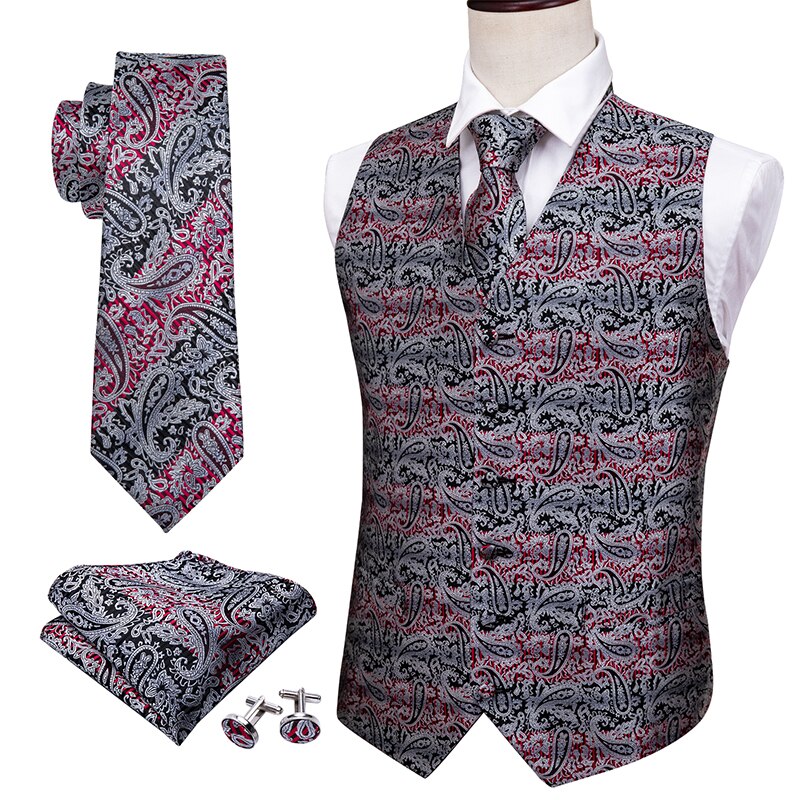 Mænd formel vest sommer veste med v-hals slik paisley slips grå slips lommetørklæde manchetknapper sæt til smoking barry.wang mj -2005