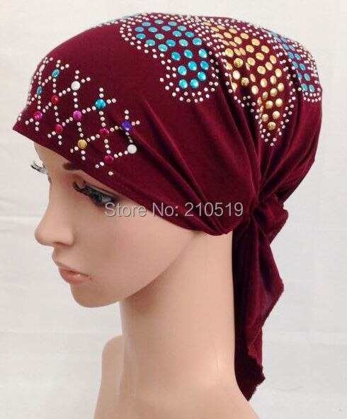 (Paillettes motifs envoyer aléatoire) cristal ITY élastique chapeau musulman hijab turban islamique (Plus de couleurs stock maintenant): 2dark wine