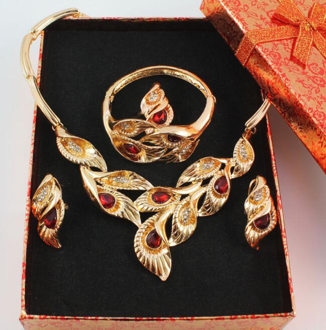 Gold Farbe Schmuck Sets Blätter Form African Kostüm Halskette Set Frauen Braut-accessoires: red add box