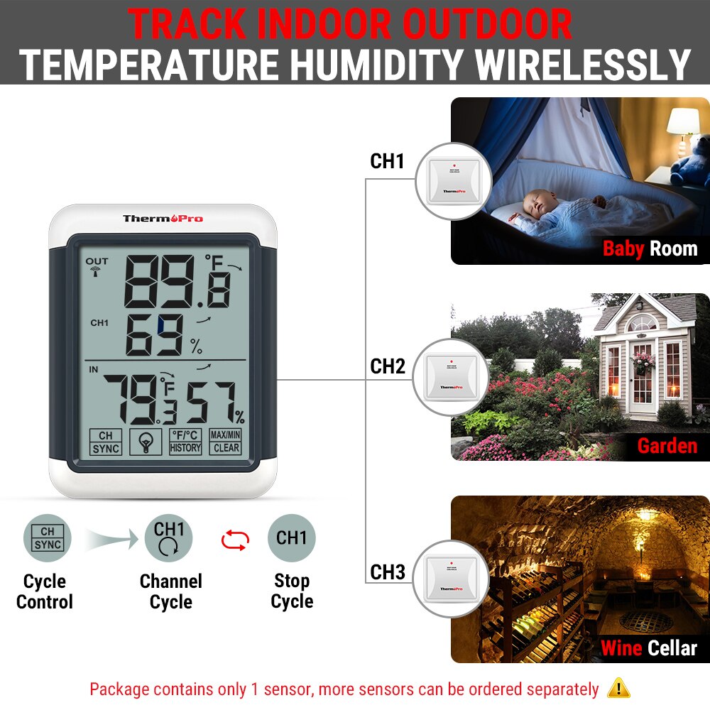 Termómetro Digital ThermoPro TP65A 100M inalámbrico LCD, higrómetro electrónico, medidor de humedad y temperatura, estación meteorológica