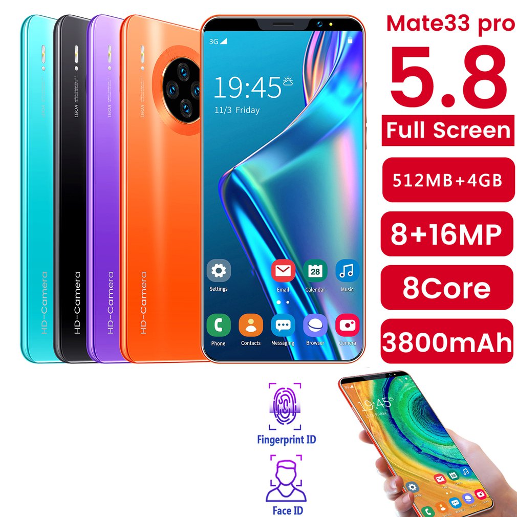 Mate33 pro smartphone com 512m + 4ggb grande memória 5.8 Polegada suporte de tela face/impressão digital desbloqueio duplo sim telefones celulares