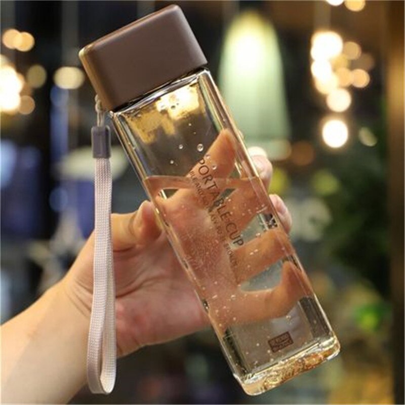 Cute Square Plastic Water Bottles BPA Free Transparent Frosted Outdoor Portable Camping Hiking Tour Drinking Bottle Water: Transparent Coffee