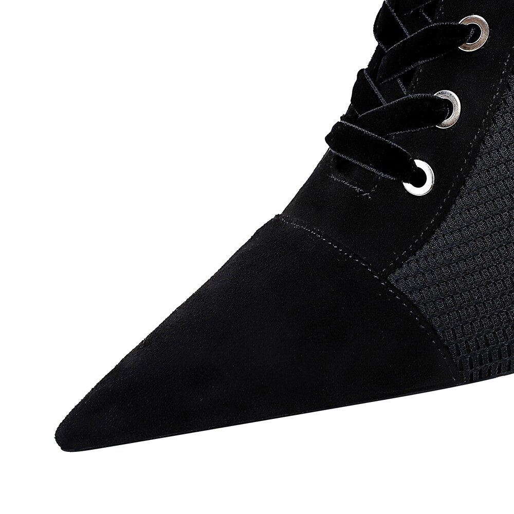 patchwork Ankle Boots Women zip Pointed Toe shoes High Heels cross strap short boot black Zapatos De Mujer