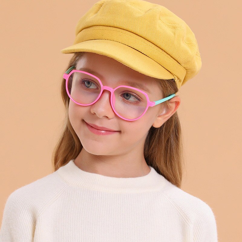 Kids Computer Gaming Glasses Flexible Big Oval Temple Girls Optical Eyeglasses Frame Full Rim TPEE Boys Spectacles Presc: pink blue