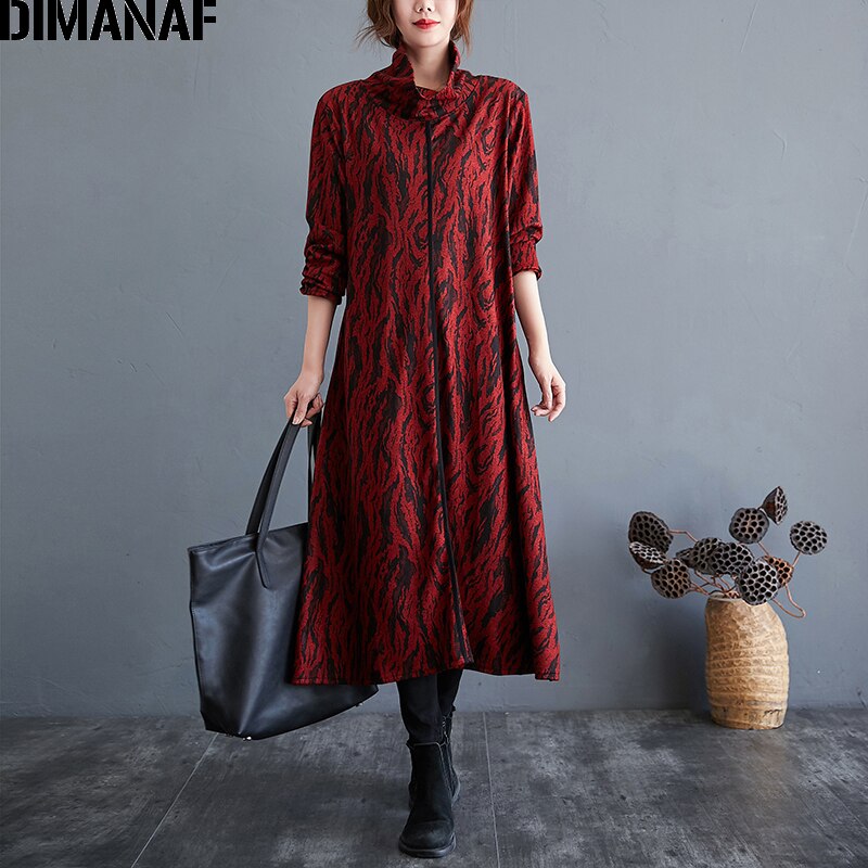 DIMANAF-vestido estampado de talla grande para mujer, vestido vintage de cuello alto, de invierno, holgado, grueso, de manga larga, Indie Folk: QianX1013-red / XXL