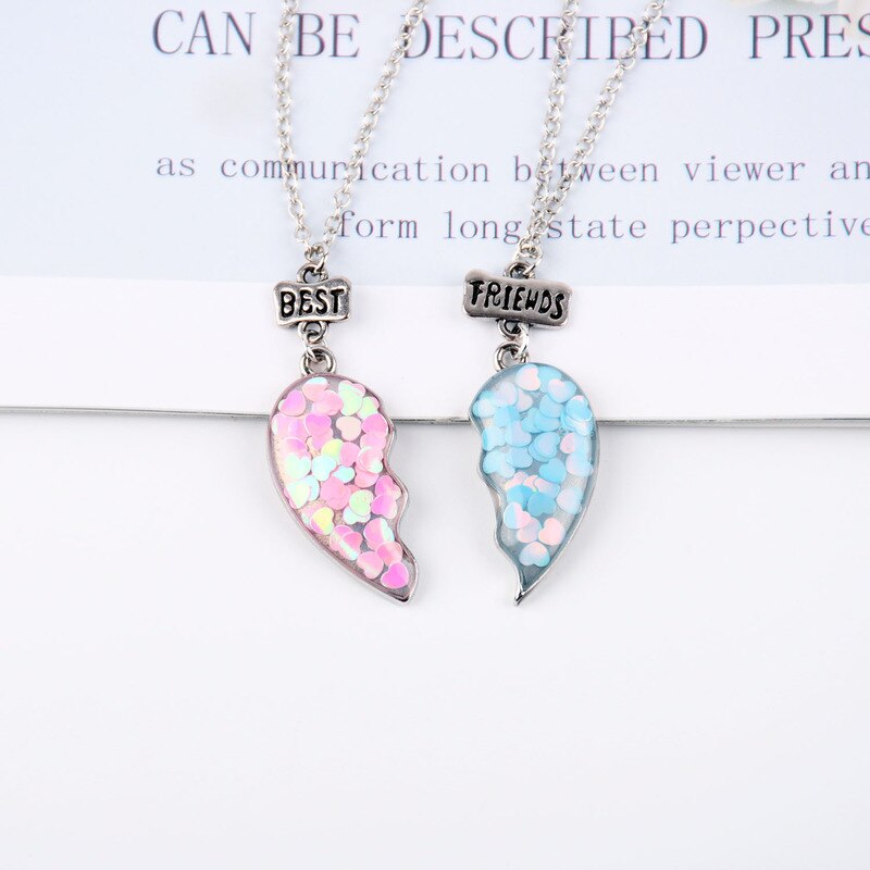 2Pcs/set Best Friends Necklaces Sequin Heart Broken Stitching Pendant Chain BFF Friendship Jewelry for Girls Women