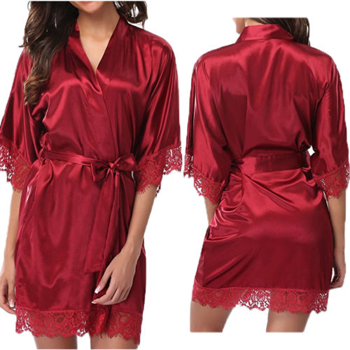 Women Summer Silk Satin Half Sleeve Lace Bandage V-Neck Sleepwear