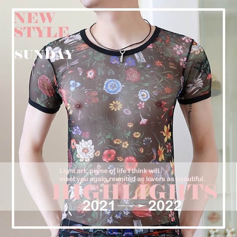 neue Blumen- sexy Unterhemd Herren Atmungs SchöNe drucken Sehen Durch Transparente Homosexuell Paar T Männlichen Fitness