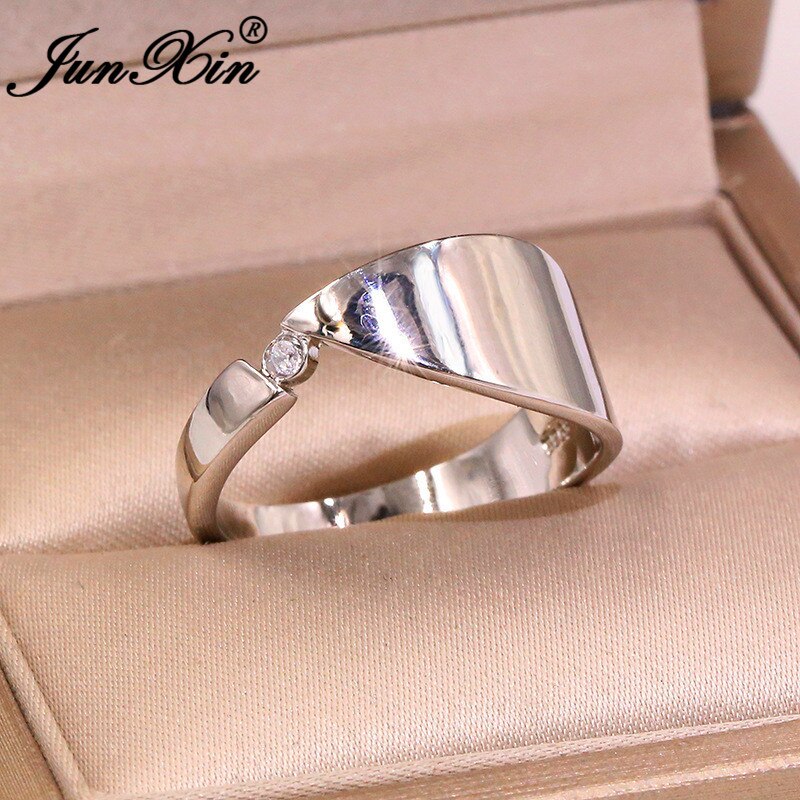 Unique Geometric Single Zircon Stone Rings For Women Men Silver Color White Zircon Wedding Promise Engagement Ring Jewelry