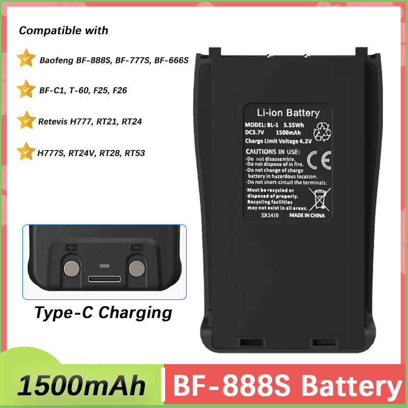 Baofeng BF-888S Walkie Talkie Battery Type-C Charger 1500mAh BL-1 for BF-666S BF-C1 H-777 BF-777S RT21 F26 Rechargable Batteries