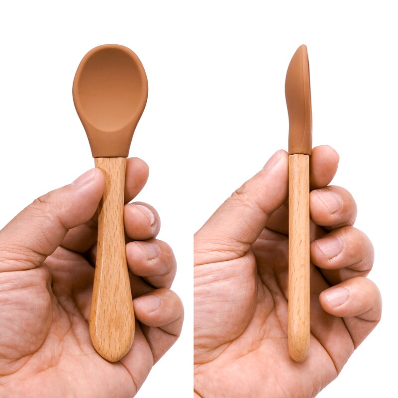 Cuchara de manija de madera silicona para alimentación de niños, utensilios para comer comida sólida, entrenamiento, capacidad de manipulación, vajilla