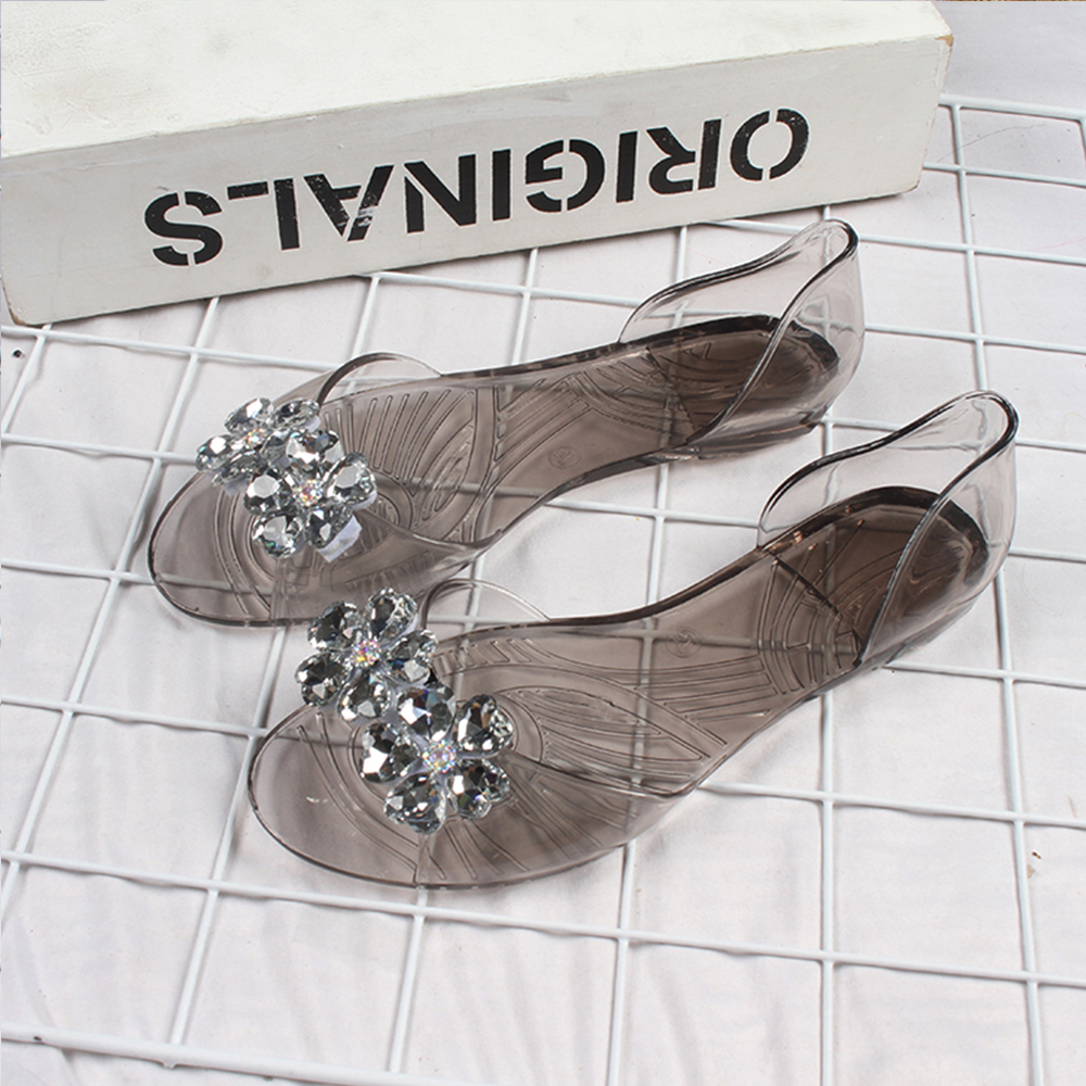 Sandalo da donna estivo nuovo in PVC Casual trasparente a due fiori quotidiano per interni ed esterni: Black / 35