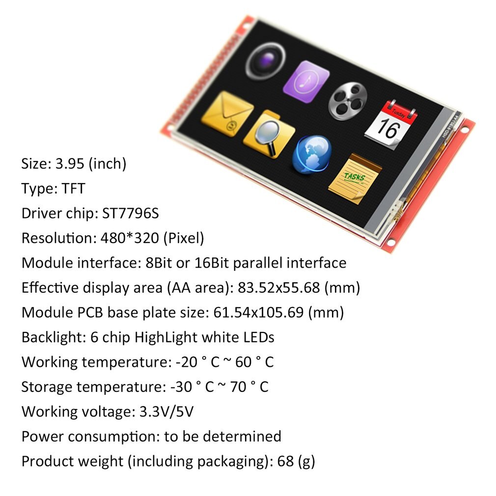3.95 tommer tft lcd-skærm modul ultra  hd 320 x 480 til arduino