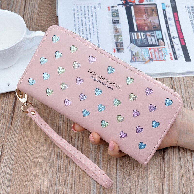 Kvinnor plånbok pu läder lång kärlek hjärta söt handväska för telefon högkapacitet korthållare clutch plånböcker carteira feminina: Rosa