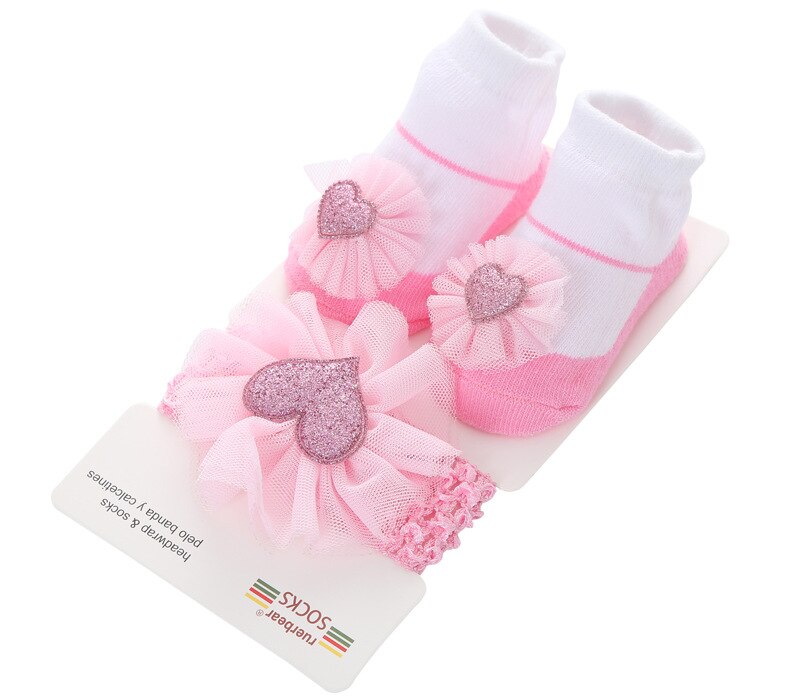 Belle bébé filles paillettes étoile gaze fleur décoré anti-dérapant coton cheville chaussettes avec élastique bandeau ensemble: B