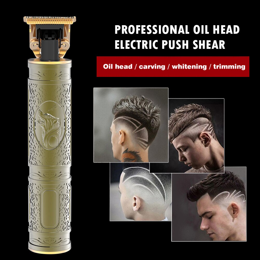 Hair Trimmer USB Rechargeable Hair Clipper Wolf Head Carving Men Oil Head Beard Electric Push Shears