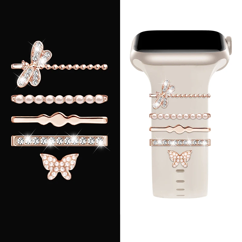 Anillo decorativo de correa de para Apple Watch, adorno de diamante, decoración de pulsera, dijes de Metal, accesorios de correa de silicona: Beige