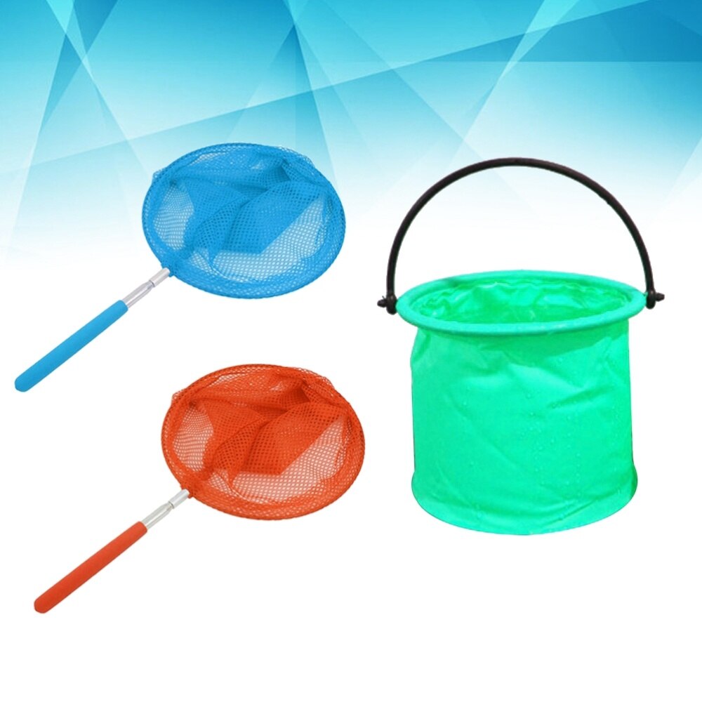 3PCS Children's Fishing Nets and Catching Insects Stainless Steel Telescopic Nets(Orange + Light Blue + Green Folding Bucket)