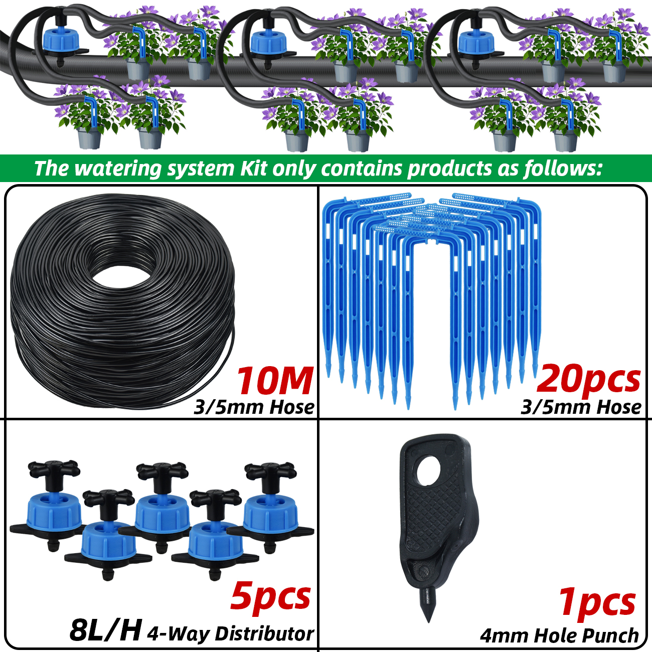 KESLA 10-100M 4Way 2Way 8L Drip Irrigation Kit Transmitter 3/5mm Hose Watering System Dripper Sprinkler Pot Planting Greenhouse: WHITE