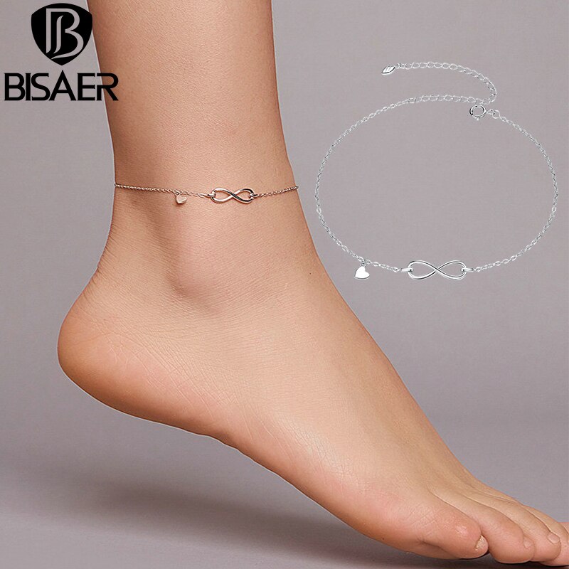 BISAER Anklets 925 Sterling Silver Infinity Love Geometric Heart Chain Anklets For Women Feet Leg Chain Link Fine Jewelry HST019