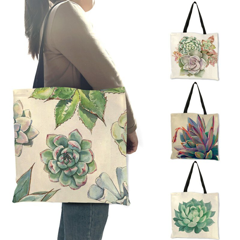 Aquarel Tropische Succulenten Print Linnen Zak Bloemen Tassen Voor Vrouwen Folding Herbruikbare Shopping Tassen Reistassen