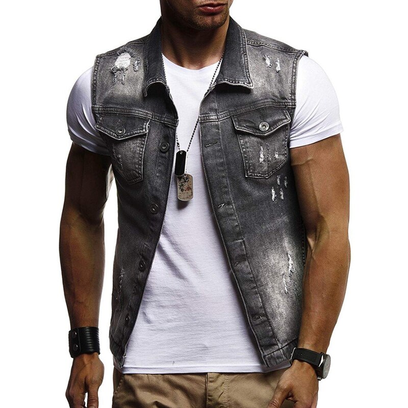 Helisopus automne et hiver manteau en Denim pour hommes classique trou de lavage gilet hommes décontracté sans manches col rabattu gilet
