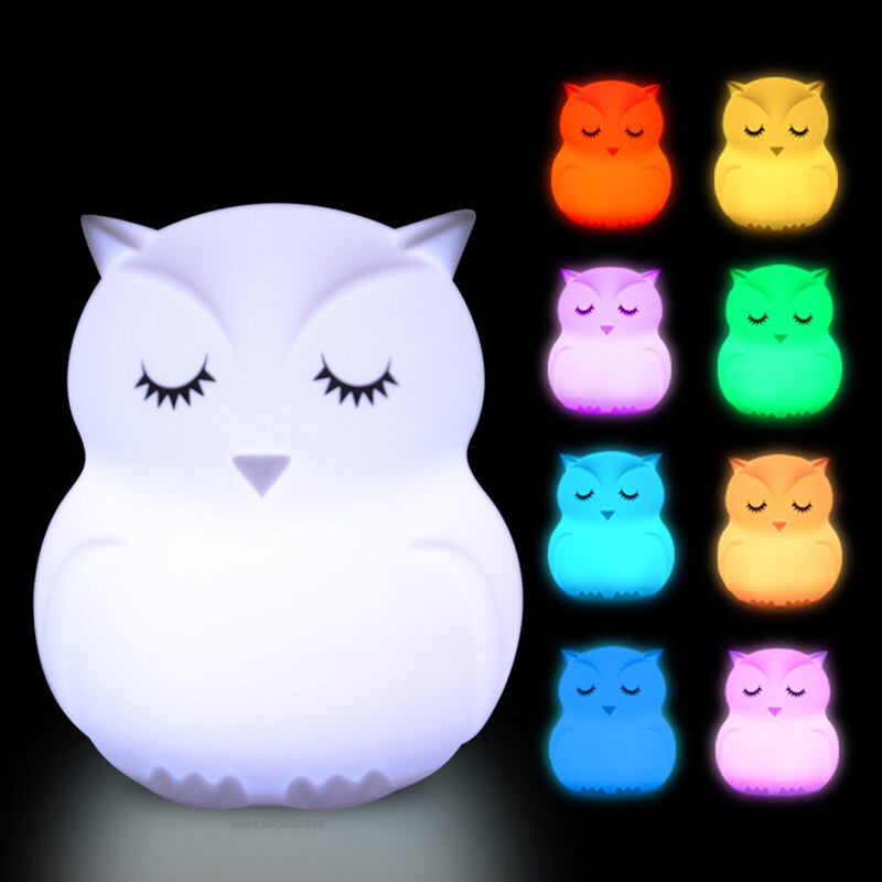 Led-nachtlicht mit cartoon-eule, touch-sensor, fernbedienung, 9 farben, dimm-timer, wiederaufladbare silikonlampe für kinder und babys