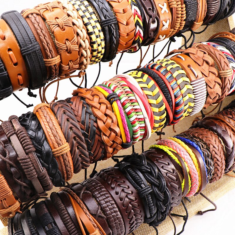 100 stks/partijen Diverse Vintage Handgemaakte Mens Manchet Lederen Gevlochten Sieraden Armbanden Pols Bangle Voor Vrouwen