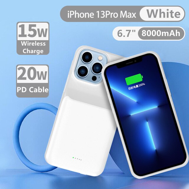 Backup Powerbank Cover Voor Iphone 13 Pro Max 13 Mini Draadloze Opladen Batterij Charger Cases Externe Batterij Snel Opladen Case: 13 Pro Max White