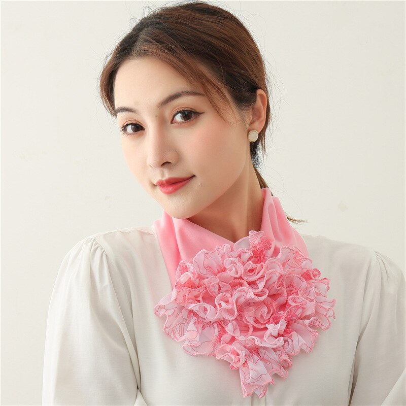 women Floral Neck Ring Scarf Chiffon Collar Tie Muslim Hijab Hat Indian Turban Lady Office Neckerchief Skinny Hair Scarves soild: LJ23 powder
