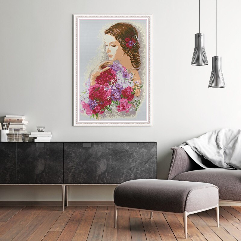 Kit de punto de cruz chino con patrones de flores y belleza, lienzo impreso con cuentas, 11CT 14CT DMC, pintura de bordado