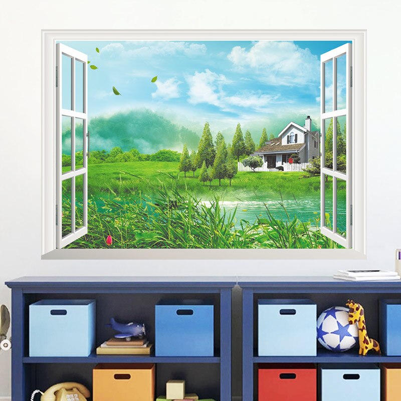 Nature Mountains Lake House Tree 3D Window View Living Room Decoration Poster Mural Wallpaer Wall Sticker Decor