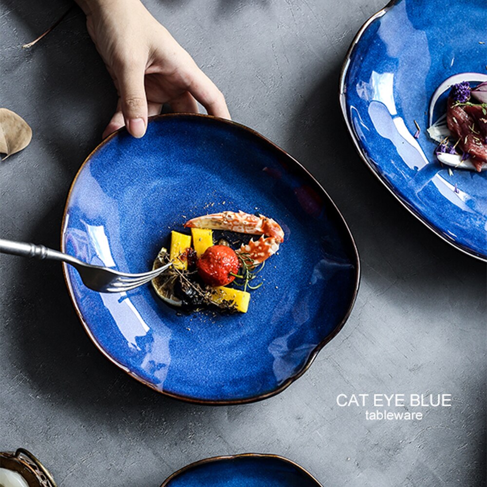 Assiette de nourriture en céramique, poterie de ménage, plat irrégulier, plateau de salade, vaisselle de nourriture occidentale, plats plats plats de ménage