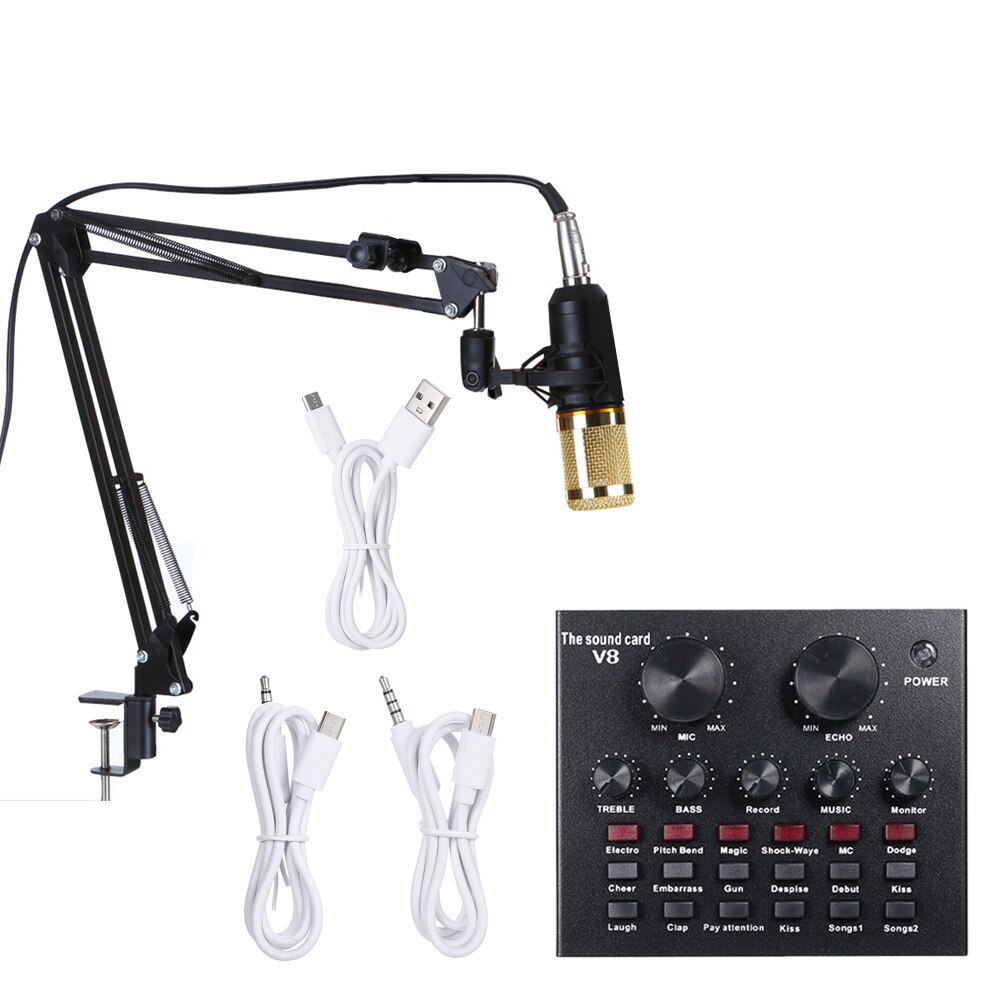 Multifunktionelt live lydkort og  bm800 suspension mikrofonsæt, der sender optagekondensatormikrofonsæt: Guld