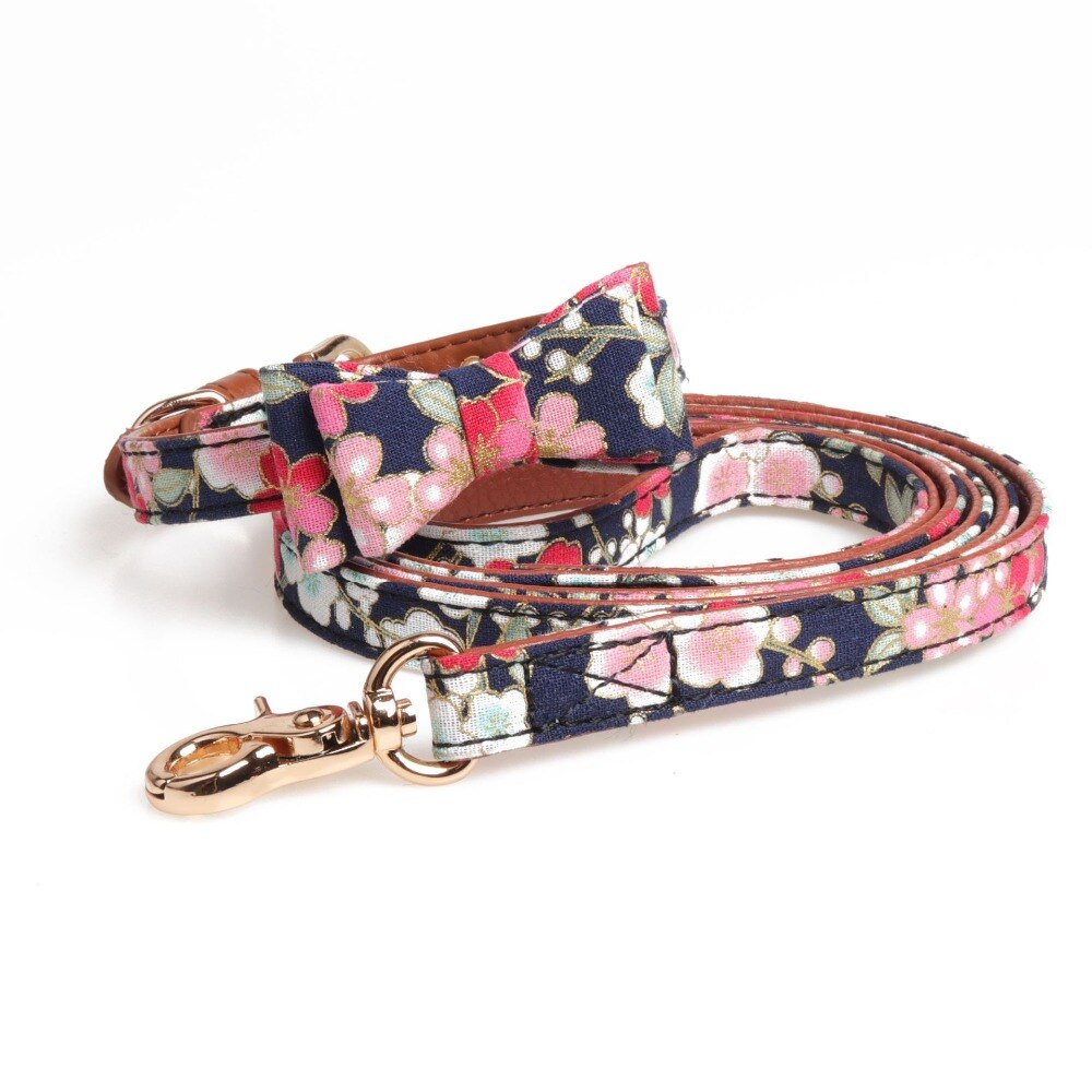 Mode Bloem Print Huisdieren Halsband PU Leer Strik Puppy Kat Vlinderdas Kleine Halsbanden Bandana Outdoor Pet Wandelen riemen