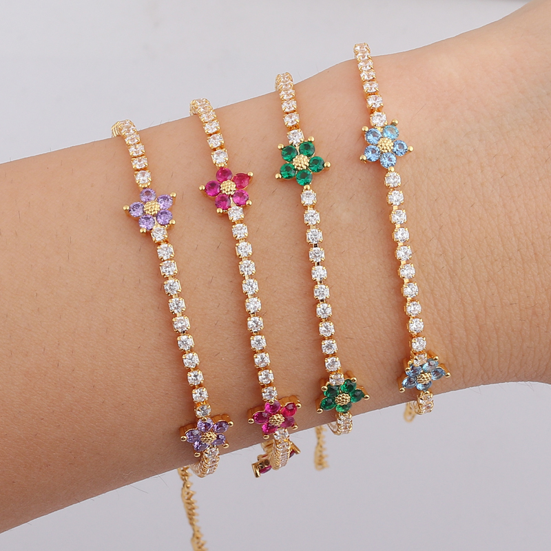 Lente Nieuw Aangekomen Party Sieraden Prong Set 5A CZ Tennisketting Regenboog Daisy Flower Charm Kleurrijke Regenboogarmband