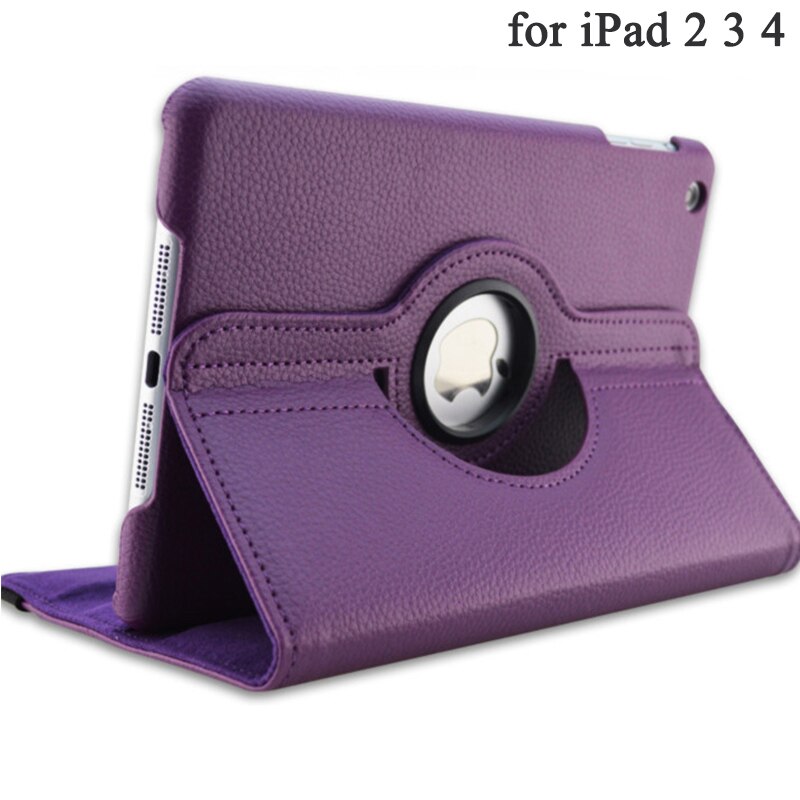 For iPad 2 3 4 Case 360 Degrees Rotating PU Leather Cover for Apple iPad 2 3 4 Stand Holder Cases Smart Tablet A1395 A1396 A1430: Purple 