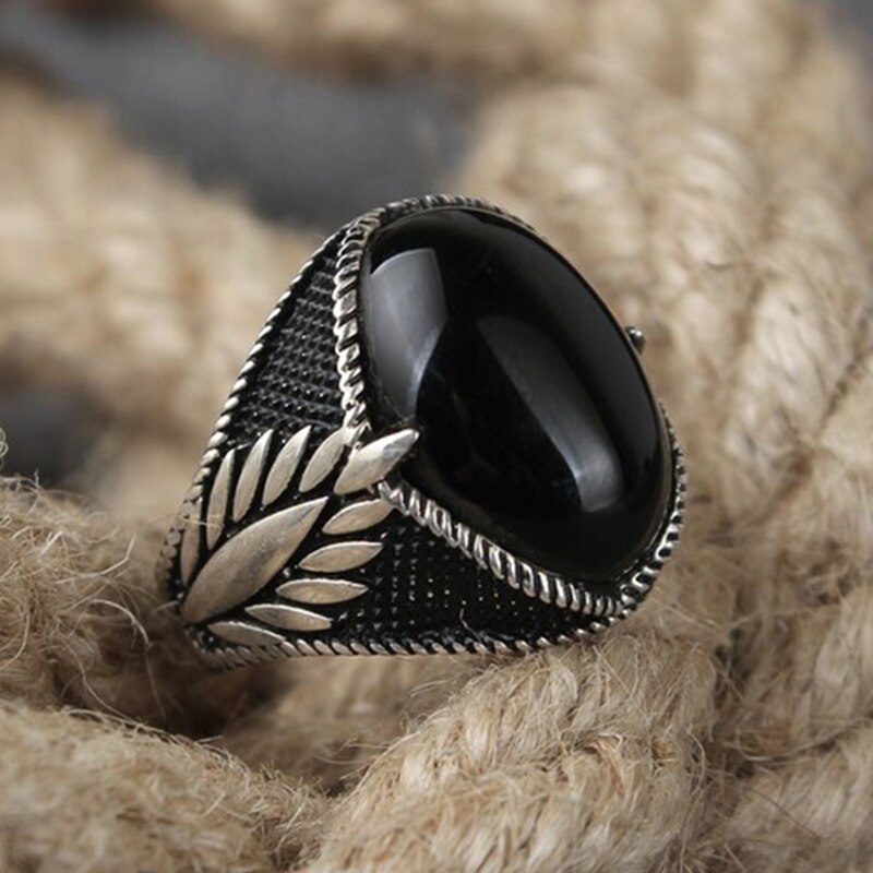 Vintage Zwarte Agaat Steen Vinger Ringen Voor Mannen Accessoires Mode Handgemaakte Gesneden Patroon Mannen Ringen Bruiloft Sieraden