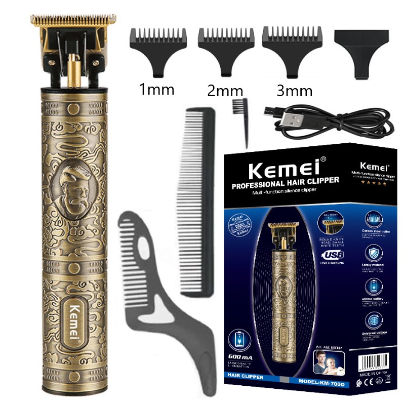 Kemei KM-700D Hair Clipper Barber Hair Trimmer for Men Retro Buddha Cordless Edge Electric Hair Cutting Machine: With box